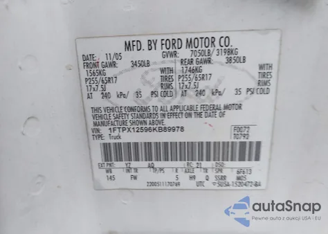 2006 Ford F-150 Lariat/Xl/Xlt z USA, uszkodzony, nr VIN 1FTPX12596KB89978